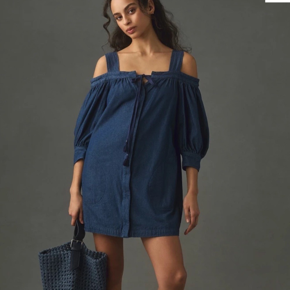 NWT‎ Plenty by Tracy Reese Anthropologie Denim Cold Shoulder Mini Dress Blue XXS